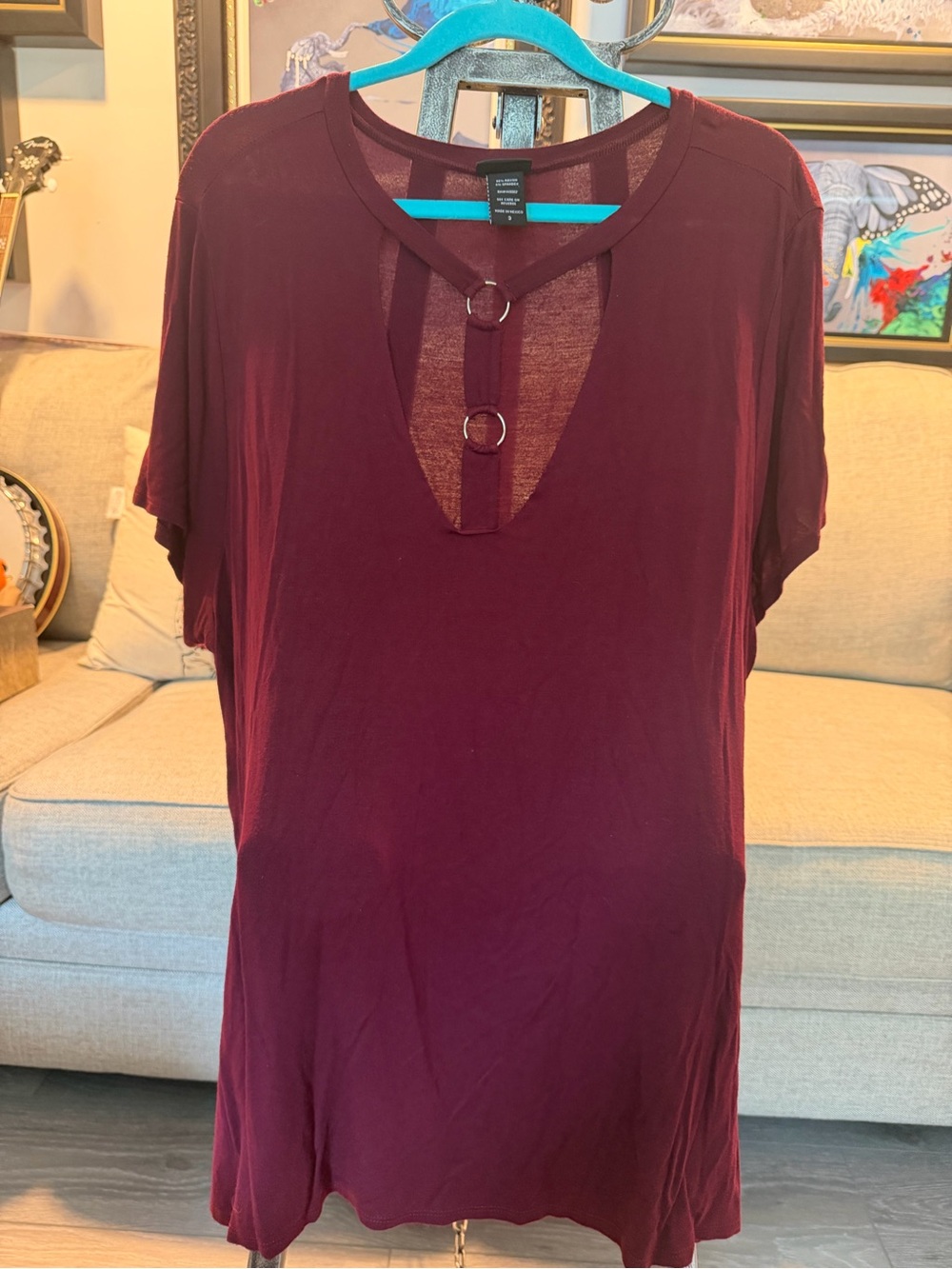 torrid Burgundy Short Sleeve V-Neck Top with Ring Accents